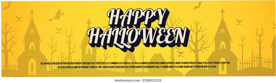 Halloween theme. The banner is decorated with a graveyard and a church. The banner says "Happy Halloween" in a fancy font