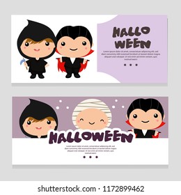 halloween theme banner with kids costume grim reaper