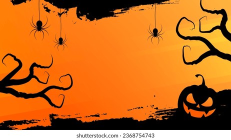 Halloween theme banner with spooky smile jack o lantern, spiders, scary trees and black brush strokes. Green and orange color. Vector illustration.