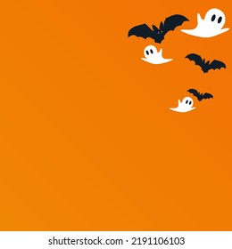 Halloween Thema mit Fledermaus und Geist. Graue Halloween-Objekte auf orangefarbenem Hintergrund mit Platz für Text. Minimalistische Hallowen Grußkarte. Vektorgrafik eines glücklichen Hallowens