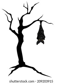 Halloween theme bat hanging on creepy twisted bare tree vector character