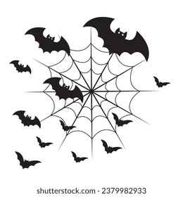 Halloween Thema mit Fledermäusen, schwarzer Spinne und Web. Geschlossene Objekte auf weißem Papierhintergrund mit Platz für Text, flach gelegt. Minimalistische Hallowen Grußkarte. Konzept von Happy Helloween und Horror.