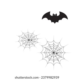 Halloween theme with bats, black spider and web. Hallowen objects on white paper background with space for text, flat lay. Minimalist Hallowen greeting card. Concept of Happy Helloween and horror.