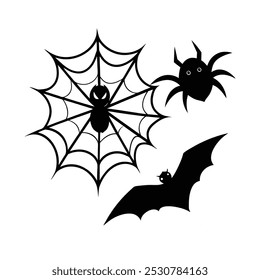 Tema de Halloween con murciélagos, araña negra y Web. Objetos de Halloween sobre fondo de papel blanco