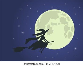 Halloween theme: beautiful witch flies on broomstick against the background of deep purple blue night sky and full moon