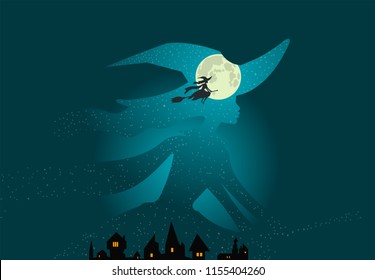 Halloween theme: beautiful witch flies on broomstick over town buildings against the background of deep aqua blue night sky and full moon, double exposure style