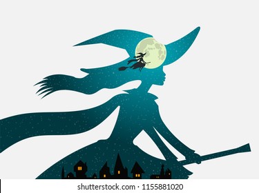 Halloween theme: beautiful witch flies on broomstick over town buildings against the background of deep aqua blue night sky and full moon, double exposure style