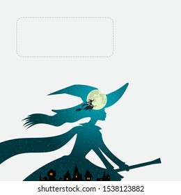 Halloween theme: beautiful witch flies on broomstick over town buildings against the background of deep aqua blue night sky and full moon, double exposure style