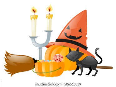 Halloween theme with black cat and candy illustration
