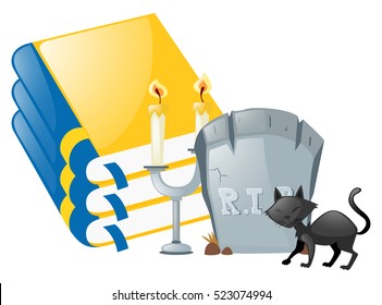 Halloween-Thema mit schwarzer Katze und Grabsteingrafik