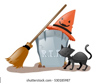 Halloween theme with black cat at graveyard illustration