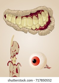 Halloween theme with body parts of a monster. Smile, eye and finger of a zombie, illustration.