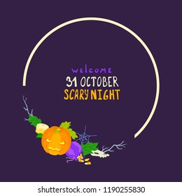 Halloween theme card, invitation, banner. Circle shaped frame. Vector flat style funny cute colorful illustration on dark background. Autumn holidays All Saints Day, Hallows Evening, Eve, 31 October.