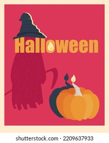 Halloween theme card with pumpkin, hat and death silhouette with scythe and lettering. Isolated vector image on a red and yellow background.