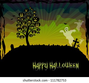 Halloween theme card with a pumpkin tree and ghosts, vector, EPS 10