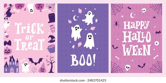 Halloween theme cards, posters, banners, prints with retro lettering quotes and doodles for holiday decor, crafting projects. EPS 10