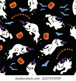 Halloween theme cartoon image. Black background main is white ghost cat , decorated with pumpkins, bats, lights, and Halloween font. Repeatable pattern on all sides. Easy to use for any product 