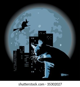 halloween theme with cat and witch against full moon and city