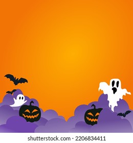 Halloween theme with clouds, bats, ghost and pumpkins bat and. Creepy Halloween objects on orange and purple background with space for text. Minimalist vector illustration greeting cards.