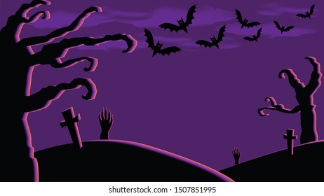 Halloween theme concept with a grave in a scary cemetery, Halloween night in creepy forest.