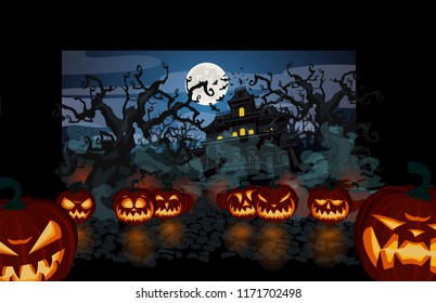 Halloween theme creepy old house full moon old trees spooky fog with lit pumpkins on dark background