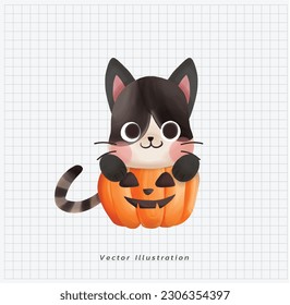 Halloween theme. cute kawaii cat in pumpkin bucket. trick or treat. cartoon character doodle illustration