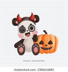 Halloween theme. cute kawaii Panda with devil horn sitting near pumpkin bucket. trick or treat. cartoon character doodle illustration