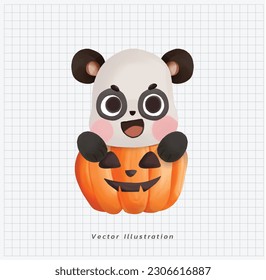 Halloween theme. cute kawaii Panda in pumpkin bucket. trick or treat. cartoon character doodle illustration