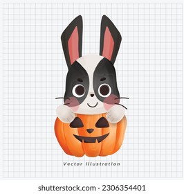 Halloween theme. cute kawaii rabbit bunny in pumpkin bucket. trick or treat. cartoon character doodle illustration