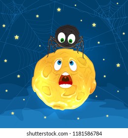 Halloween theme with a cute spider on the Moon on the night sky background with cobwebs, illustration.