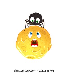 Halloween theme with cute spider on the Moon isolated on white background, illustration.