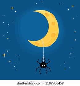 Halloween theme with a cute spider on the Moon. Night sky background with crescent, illustration.