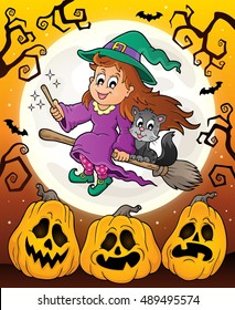 Halloween theme with cute witch and cat - eps10 vector illustration.