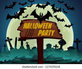 Halloween theme with dark background, scratched wooden board, full moon, cemetery, bats