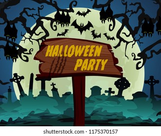 Halloween theme with dark background, wooden board, full moon, cemetery, bats