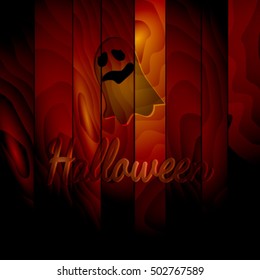 Halloween theme, dark wooden background with ghost. Wooden board with inscription Halloween, vector illustration.