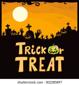 Halloween theme design of cemetery with zombie hands rising from creepy graveyard and scary pumpkins with trick or treat text