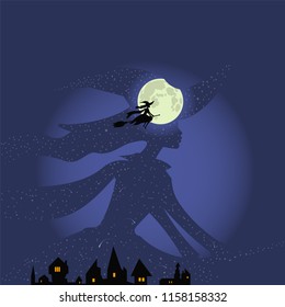 Halloween theme: double exposure, beautiful witch flies on broomstick over town, dark blue night sky and full moon, double exposure style
