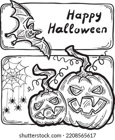 Halloween theme elements collection. Decorative template for poster print, greeting postcard, party invitation. Hand drawn comic style illustration. Cute and scary cartoon vector characters.