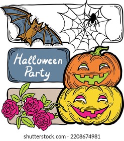 Halloween theme elements collection. Decorative template for poster print, greeting postcard, party invitation. Hand drawn comic style illustration. Cute and scary cartoon vector characters.