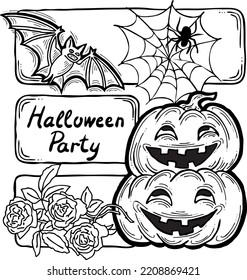Halloween theme elements collection. Decorative template for poster print, greeting postcard, party invitation. Hand drawn comic style illustration. Cute and scary cartoon vector characters.