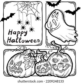 Halloween theme elements collection. Decorative template for poster print, greeting postcard, party invitation. Hand drawn comic style illustration. Cute and scary cartoon vector characters.
