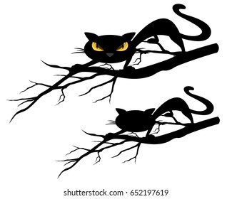 halloween theme evil black cat on a tree branch - vector design set