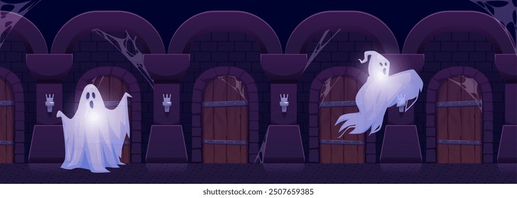 A Halloween theme featuring a group of evil transparent white ghosts in an abandoned dungeon. The vector illustration shows an intimidating night scene.