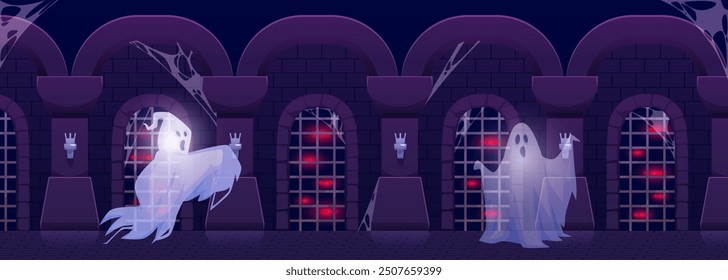 A Halloween theme featuring a group of evil ghosts in an abandoned dungeon. The vector illustration shows a creepy night scene with cobwebs and torches.