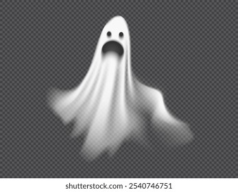 Halloween theme featuring a realistic ghost with a frightening facial expression. The vector illustration shows a creepy character perfect for a festive decoration