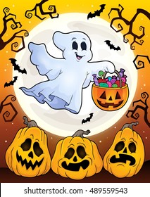 Halloween theme with floating ghost - eps10 vector illustration.