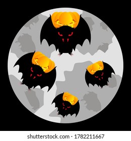 Tema de Halloween. Una bandada de murciélagos con calabazas en el fondo de la luna. Fondo negro nocturno. Ilustración vectorial.