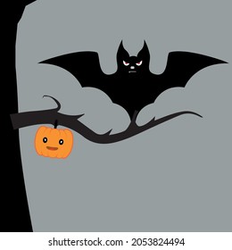 Halloween theme flying evil bat   pumpkin fruit hanging tree branch    halloween vector design