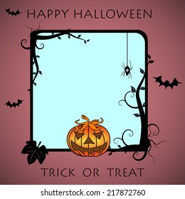 Halloween theme with frame made from branches, leaves and roots. Halloween postcard concept